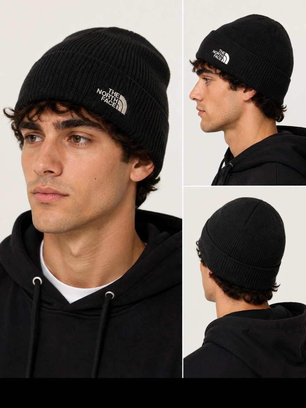 The North Face Classic Black Knit beanie logo winter hat. Unisex skull cap.